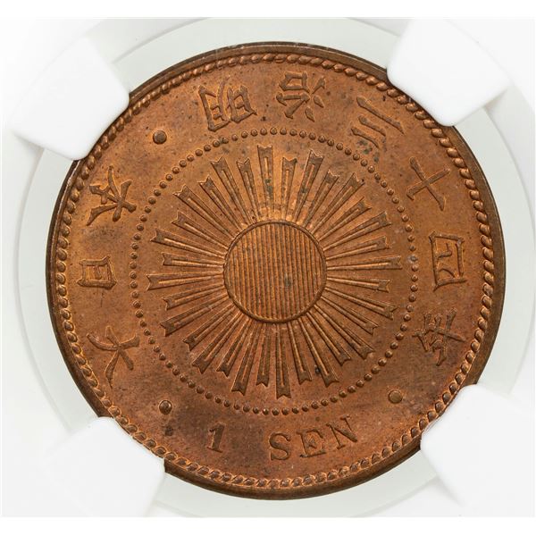JAPAN: Meiji, 1868-1912, AE sen, year 34 (1901), NGC MS64 RB