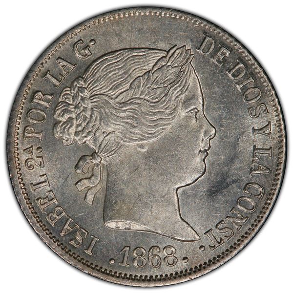 PHILIPPINES: Isabel II, 1833-1868, AR 10 centimos, 1868, PCGS UNC details