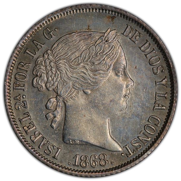 PHILIPPINES: Isabel II, 1833-1868, AR 20 centimos, 1868, PCGS UNC details