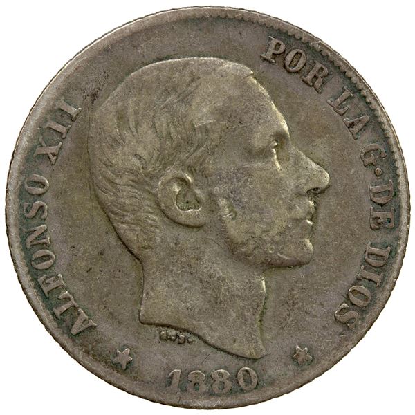 PHILIPPINES: Alfonso XII, 1874-1885, AR 20 centimos, 1880, VF