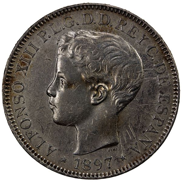 PHILIPPINES: Alfonso XIII, 1886-1898, AR peso, 1897, AU