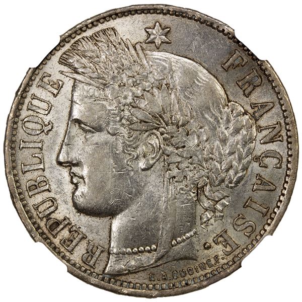 FRANCE: Third Republic, AR 5 francs, 1870-K, NGC AU58