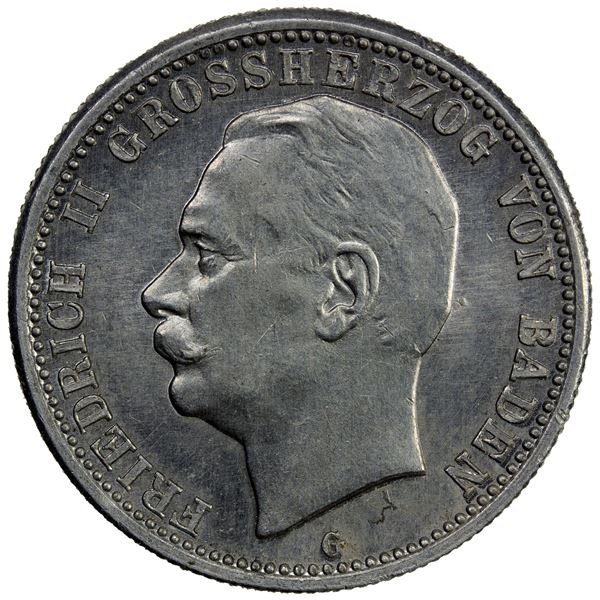 BADEN: Friedrich II, 1907-1918, 2 mark, 1922-G, UNC