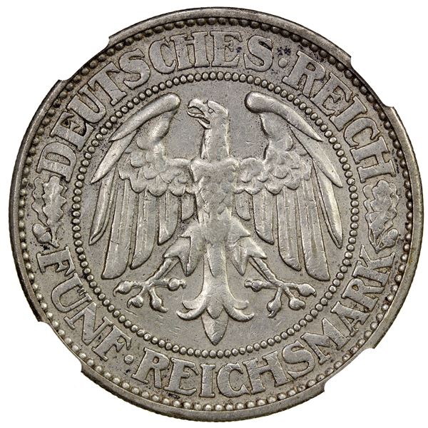 GERMANY: Weimar Republic, AR 5 reichsmark, 1932-J, NGC AU details