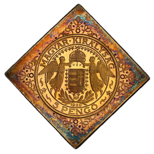 HUNGARY: AR 5 pengo klippe, 1929-BP, PCGS Proof 65