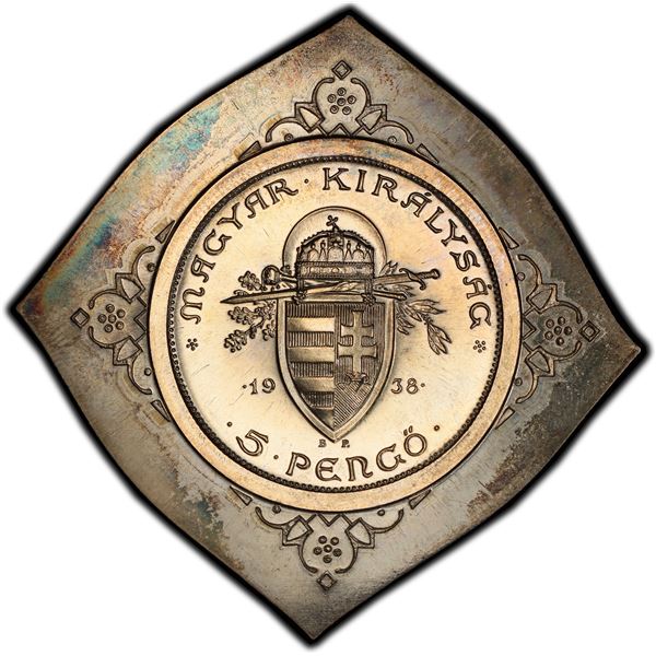 HUNGARY: AR 5 pengo klippe, 1938-BP, PCGS Proof 67