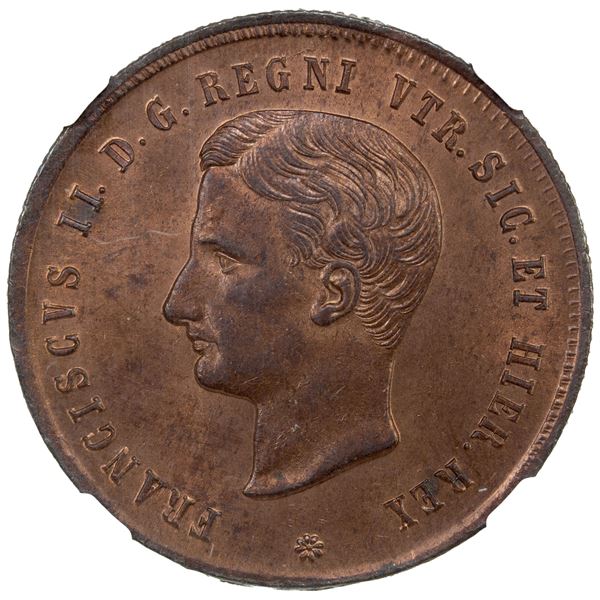 NAPLES & SICILY: Francesco II, 1859-1861, AE 2 tornesi, 1859, NGC MS64 RB