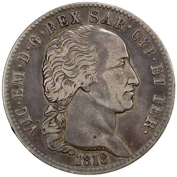 SARDINIA: Vittorio Emanuele I, 1802-1821, AR 5 lire, 1818, F-VF