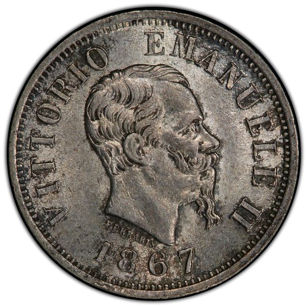ITALY: Vittorio Emanuele II, 1861-1878, AR 50 centesimi, 1867-M, PCGS MS64