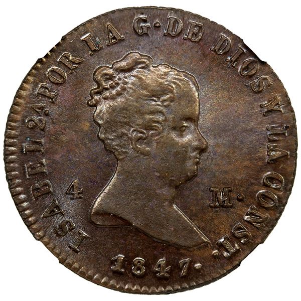 SPAIN: Isabel II, 1833-1868, AE 4 maravedis, 1847, NGC MS64 BN