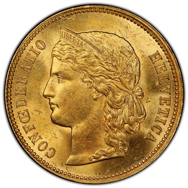 SWITZERLAND: Confederation, AV 20 francs, 1889-B, PCGS MS64