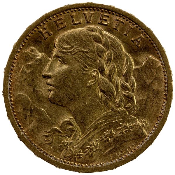 SWITZERLAND: Confederation, AV 20 francs, 1909-B, AU