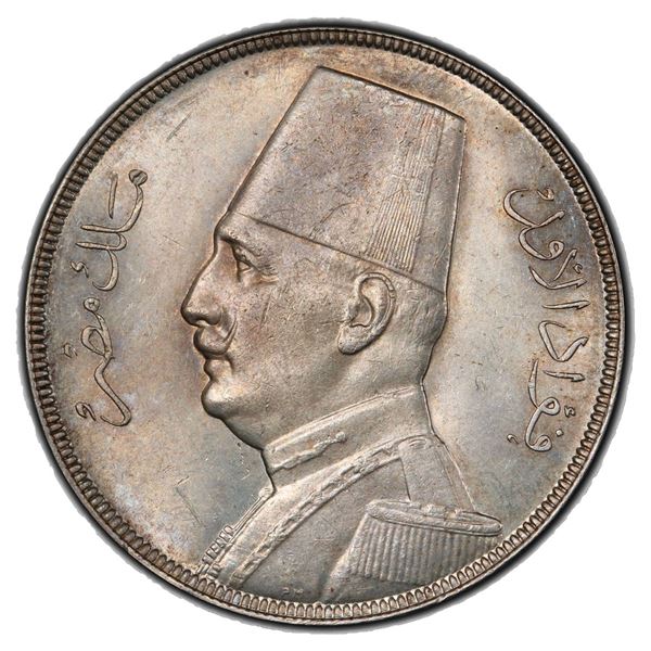 EGYPT: Fuad I, as King, 1922-1936, AR 20 piastres, 1933/AH1352, PCGS UNC details