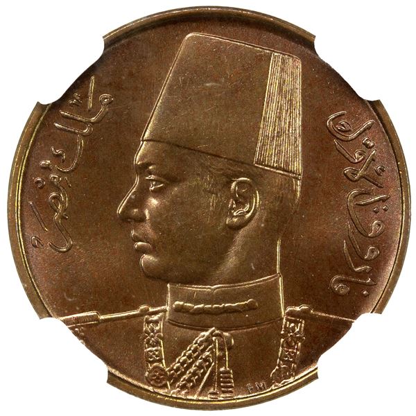 EGYPT: Farouk, 1936-1952, AE ½ millieme, 1938/AH1357, NGC MS66 +