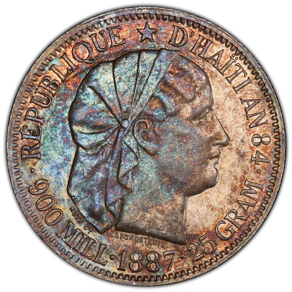 HAITI: Republic, AR 5 gourdes, 1887, PCGS AU58