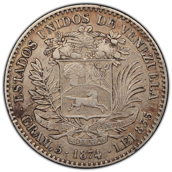 VENEZUELA: Republic, AR 20 centavos, 1874-A, PCGS EF details