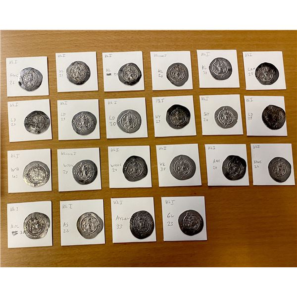 SASANIAN KINGDOM: Khusro I, 531-579, LOT of 22 silver drachms