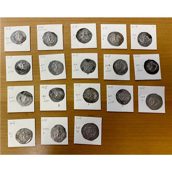 SASANIAN KINGDOM: Khusro II, 591-628, LOT of 18 silver drachms