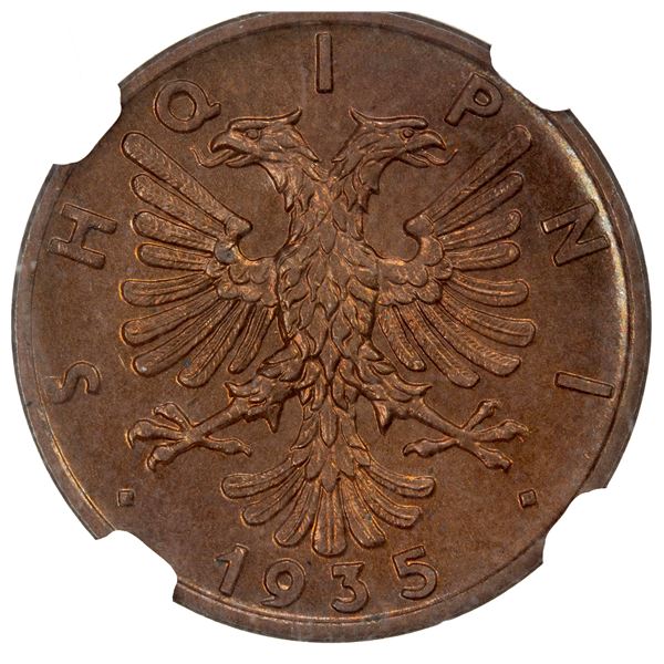 ALBANIA: Zog I, 1928-1939, AE qindar, 1935-R, NGC MS65 RB