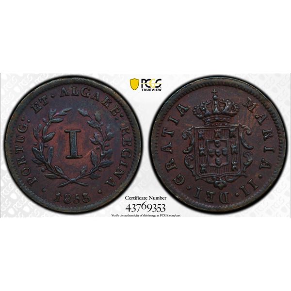 MOZAMBIQUE: Maria II, 1834-1853, AE reis, 1853, PCGS MS63 BN