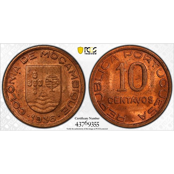 MOZAMBIQUE: AE 10 centavos, 1936, PCGS MS64 RD