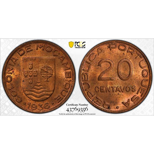 MOZAMBIQUE: AE 20 centavos, 1936, PCGS MS64 RD