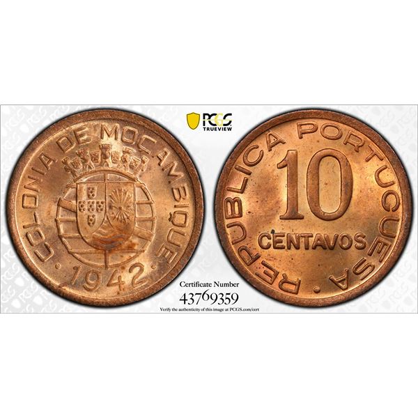 MOZAMBIQUE: AE 10 centavos, 1942, PCGS MS65