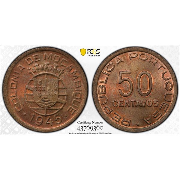 MOZAMBIQUE: AE 50 centavos, 1945, PCGS MS64 RB
