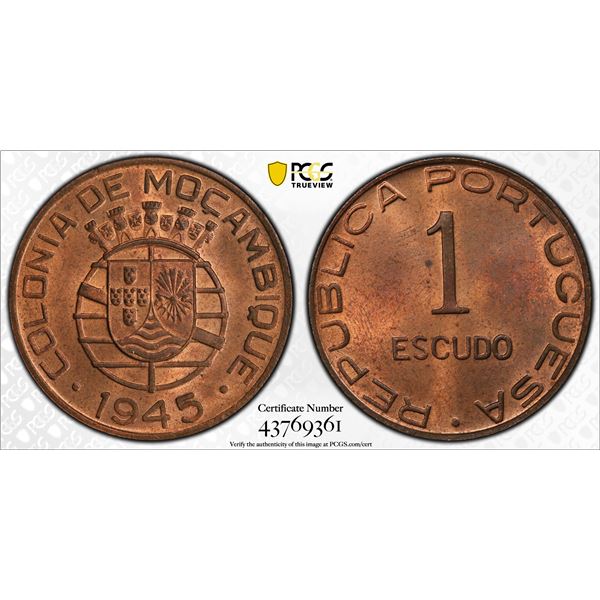 MOZAMBIQUE: AE escudo, 1945, PCGS MS64 +RB