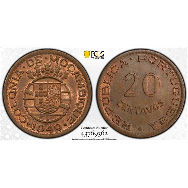 MOZAMBIQUE: AE 20 centavos, 1949, PCGS MS64 RB