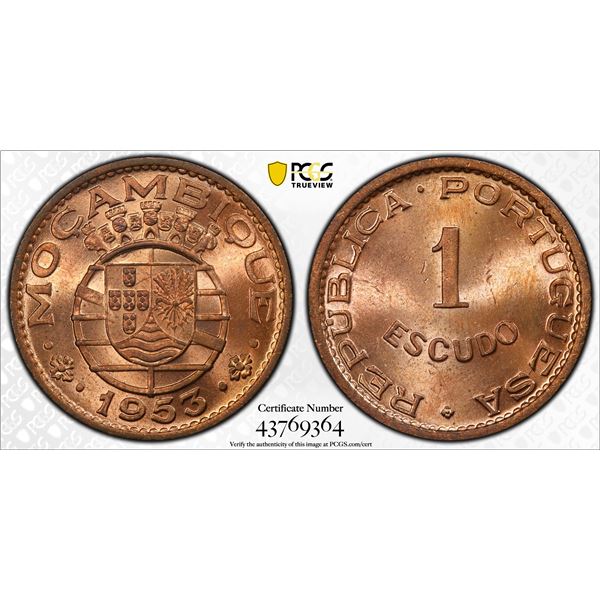 MOZAMBIQUE: AE escudo, 1953, PCGS MS64 RD
