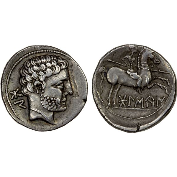 SPAIN (ANCIENT): Bolscan (Huesca), AR denarius (3.93g), ca. 80-72 BC, Choice VF