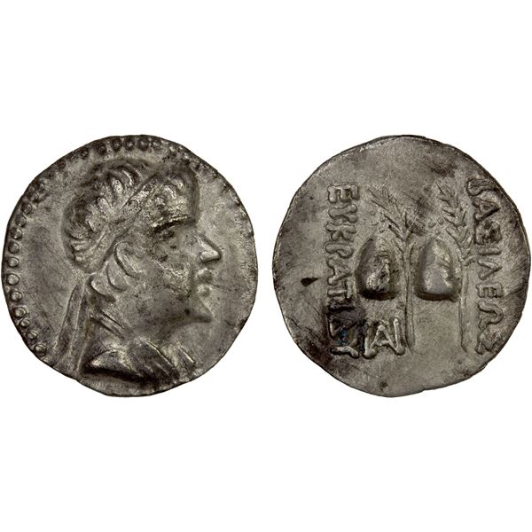 BACTRIA: Eukratides I, ca. 170-145 BC, AR obol (0.63g), Choice VF