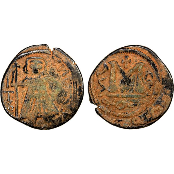 ARAB-BYZANTINE: Standing Emperor, ca. 670-690, AE fals (4.82g), Dimashq, year "17", VF