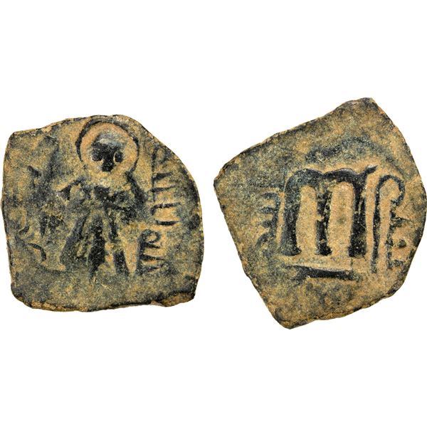 ARAB-BYZANTINE: Standing Caliph, ca. 692-697, AE fals (3.91g), Yubna, ND, choice VF