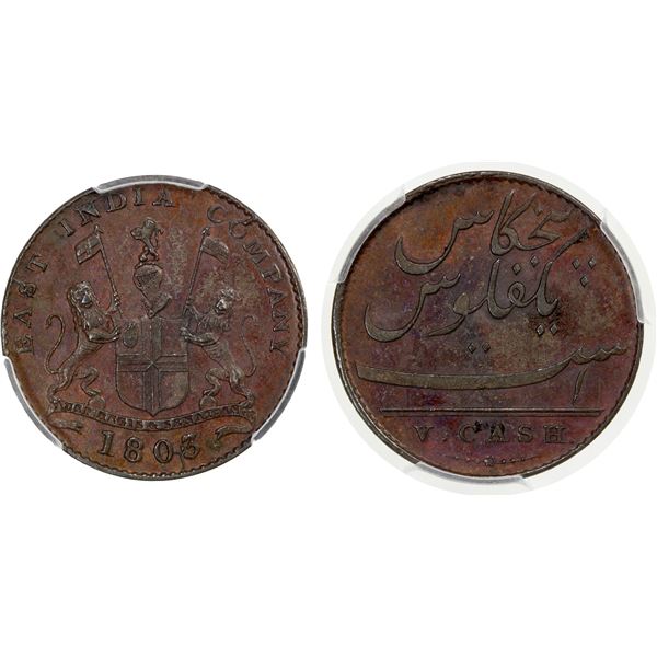 MADRAS PRESIDENCY: AE 5 cash, 1803, PCGS AU55