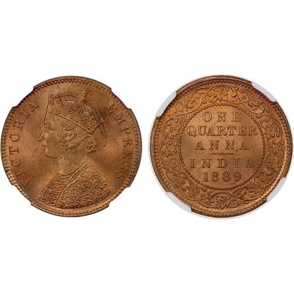 BRITISH INDIA: AE ¼ anna, 1889(c), NGC MS65 RD