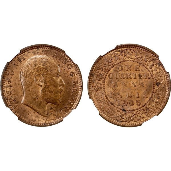 BRITISH INDIA: AE ¼ anna, 1905(c), NGC MS64 RB
