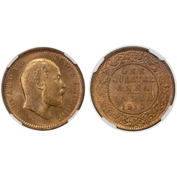 BRITISH INDIA: AE ¼ anna, 1910(c), NGC MS65 RD