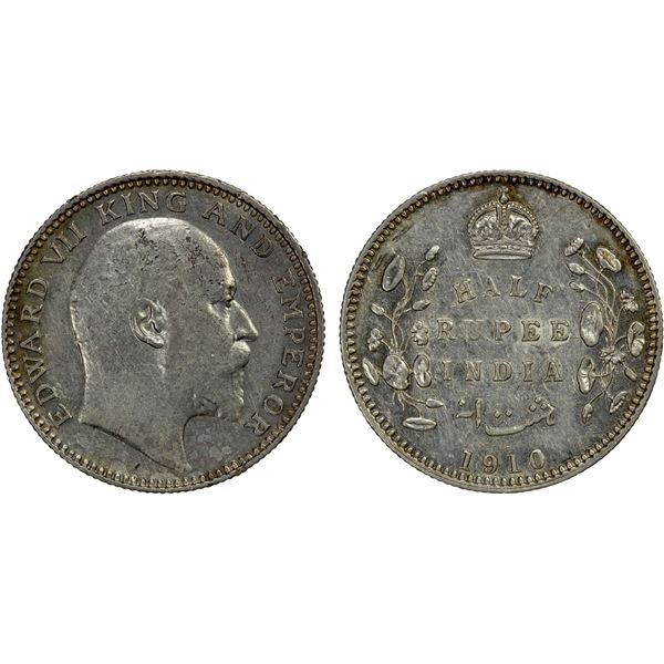 BRITISH INDIA: AR ½ rupee, 1910(c), AU