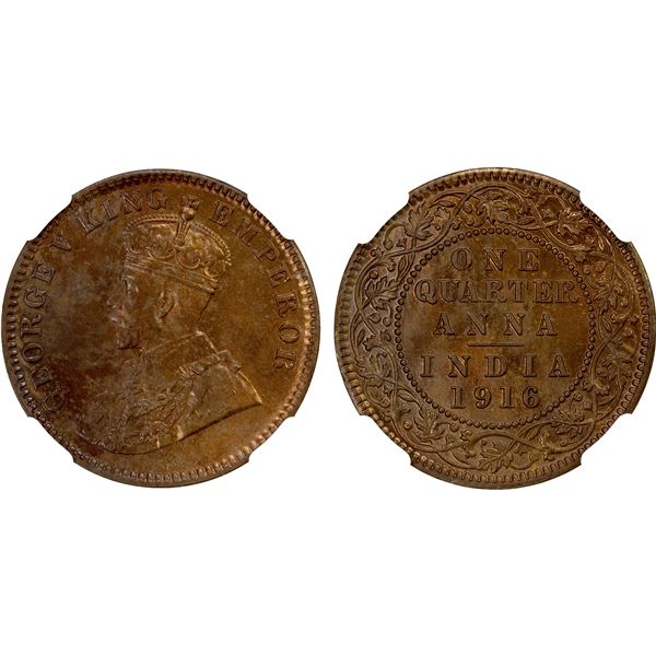 BRITISH INDIA: AE ¼ anna, 1916(c), NGC MS63 RB