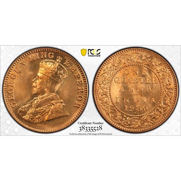 BRITISH INDIA: AE ¼ anna, 1930(b), PCGS MS66 RD