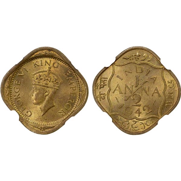 BRITISH INDIA: ½ anna, 1942(b), NGC MS66