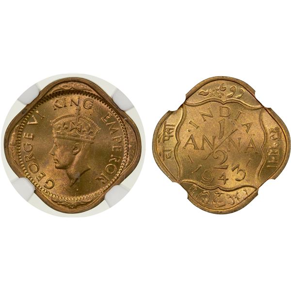 BRITISH INDIA: ½ anna, 1943(c), NGC MS66