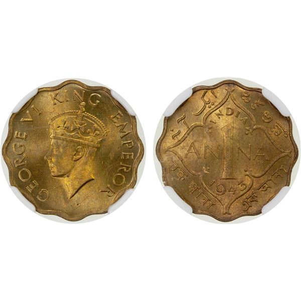 BRITISH INDIA: 1 anna, 1943(c), NGC MS65