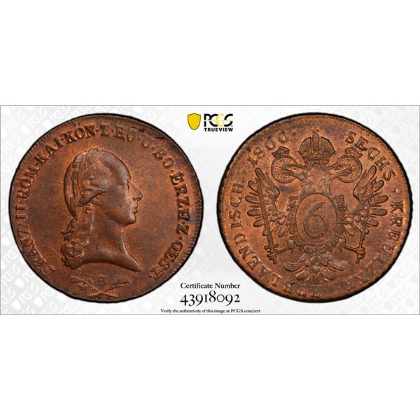 AUSTRIA: Franz II, 1792-1806, AE 6 kruezer, 1800-B, PCGS MS64 RB