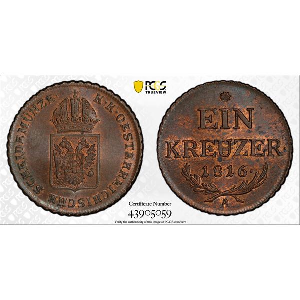 AUSTRIA: Franz I, 1804-1835, AE kreuzer, 1816-A, PCGS MS65 BN