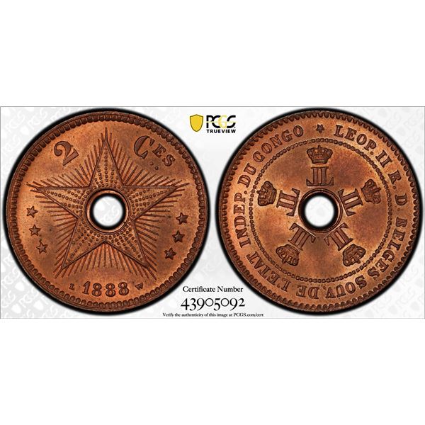 BELGIAN CONGO: Leopold II, 1885-1909, AE 2 centimes, 1888, PCGS MS65 RB