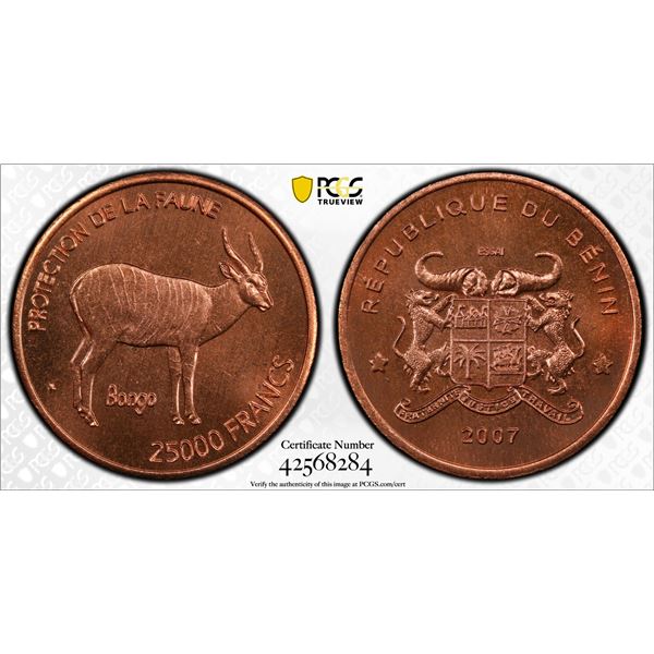 BÉNIN: Republic, AE 25000 francs, 2007, PCGS MS66 RD