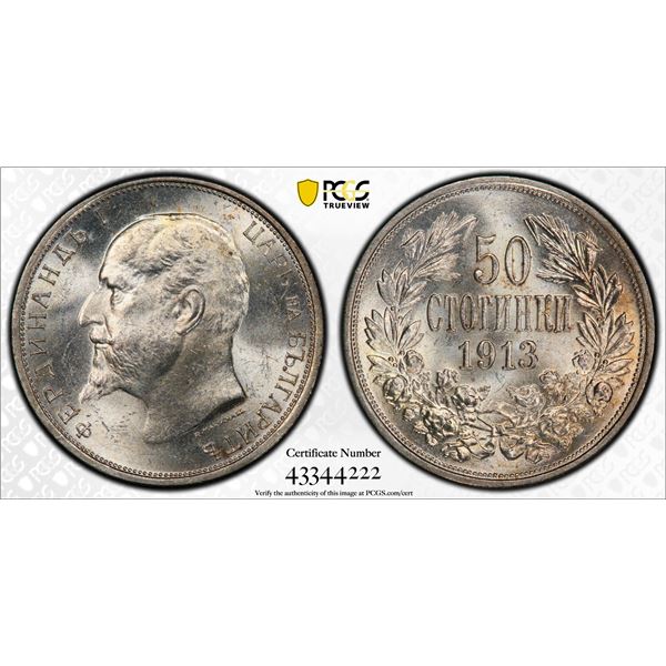 BULGARIA: Ferdinand I, king, 1908-1918, AR 50 stotinki, 1913, PCGS MS64